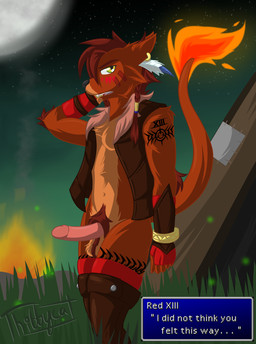 anthro anthrofied arm_tattoo armor bangle blush boots braided_hair clothing ear_piercing facial_markings feathers fire flaming_tail footwear gauntlets genitals glans gloves hair handwear head_markings humanoid_genitalia humanoid_penis jewelry leg_tattoo legwear male markings moon night penis piercing pubes shoes solo speech_bubble star tail tattoo tent thigh_boots thigh_highs topwear vest yellow_eyes thibbycat final_fantasy final_fantasy_vii square_enix red_xiii hi_res
