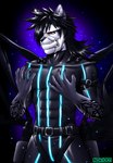 abs anthro belt black_background black_hair black_nose clothing dark_lighting fur glowing grey_body grey_fur hair male mask red_eyes simple_background solo spiky_hair tattoo tight_clothing noki001 final_fantasy final_fantasy_vii square_enix nero_the_sable