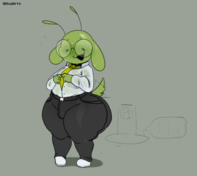 2_antennae antennae_(anatomy) anthro belt big_butt black_belt black_bottomwear black_clothing black_eyewear black_glasses black_pants blush blush_lines bottomwear bulge butt clothed clothing eyes_closed eyewear fingers_together footwear fur glasses green_antennae green_body green_ears green_fur green_necktie green_tail grey_background male motion_lines necktie pants shirt shoes shortstack shortstack_male simple_background smile solo tail tail_motion tailwag text thick_thighs three-quarter_view topwear water water_dispenser wet wet_bottomwear wet_clothing wet_pants wet_shirt wet_topwear white_clothing white_footwear white_shirt white_shoes white_topwear axoarts alien canid canine canis domestic_dog mammal 2025 artist_name digital_media_(artwork) hi_res