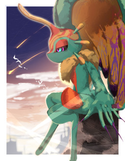 ambiguous_gender anthro antlers biped black_sclera border chest_tuft city city_background cliff cloud colored_nails comet countershading digitigrade dipstick_tail fingernails fluffy fluffy_tail fur head_wings horn huge_wings legs_over_edge markings meteor_shower mouthless multicolored_body multicolored_eyes multicolored_fur nails narrowed_eyes neck_tuft orange_body orange_fur outside outside_border over_edge pink_eyes pupils purple_fingernails purple_nails side_view sitting sky solo star sunrise tail tail_markings tan_body tan_fur teal_body teal_eyes teal_fur tuft unusual_wing_placement white_border wings zakobennki kirby_(series) kirby_and_the_forgotten_land nintendo fecto_elfilis alien chinchilla chinchillid mammal rodent starling_(kirby) 2025 absurd_res digital_drawing_(artwork) digital_media_(artwork) hi_res