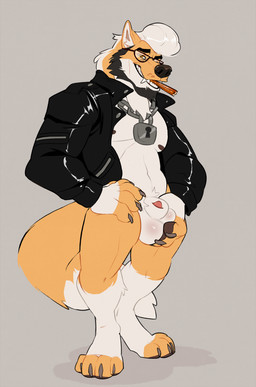 animal_genitalia anthro balls beard biped chain clothed clothing facial_hair fur genitals hair jewelry lock male necklace nipples open_mouth pecs penis pompadour sheath simple_background solo standing teeth igiveyoulemons canid canine canis mammal wolf