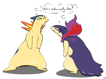 3_toes ambiguous_gender biped blue_body blue_fur colored_fire duo feet feral fingers fire fur half-closed_eyes narrowed_eyes profanity purple_body purple_fire purple_fur simple_background standing text thought_bubble toes white_background yellow_body yellow_fur fizzpop nintendo pokemon generation_2_pokemon generation_8_pokemon hisuian_form hisuian_typhlosion pokemon_(species) regional_form_(pokemon) typhlosion 2023 english_text hi_res signature