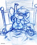 anthro areola_outline bed bedding big_breasts blanket blinds breasts buckteeth clothing eyes_closed female furniture hair markings mole_(marking) nipple_outline pillow shirt solo stretching teeth topwear waking dutch_(artist) misty_the_mouse misty_(dutch) mammal mouse murid murine rodent 2014 sketch traditional_media_(artwork)