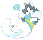 clothed clothing exclamation_point feet feral fur grey_hairband hair hindpaw one_eye_closed one_eye_obstructed pattern_clothing paws simple_background solo speech_bubble striped_clothing stripes text white_background white_body white_fur wink undertale undertale_(series) temmie_(undertale) mammal tem hi_res