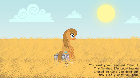 blue_eyes brown_body brown_hair cutie_mark detailed_background female feral field hair outside ponification quadruped sitting solo sun tail text toony young young_female young_feral chromadancer hasbro my_little_pony portal_(series) valve valve_corporation chell weighted_companion_cube earth_pony equid equine horse inanimate_object mammal pony crossover english_text warm_colors