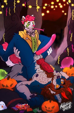 animal_genitalia anthro balloon balls body_hair clown clown_costume clown_makeup clown_nose clown_paint decoration duo expansion genital_expansion genitals glowing glowing_eyes horn inflatable jack-o'-lantern long_penis male male/male muscular penis penis_expansion sheath small_top_big_bottom mrdarknesswolf mythology mrdarknesswolf_(character) canid canine canis demon hybrid mammal mephitid mythological_canine mythological_creature skunk werecanid werecanine werecreature werewolf wolf absurd_res hi_res