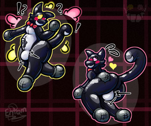 after_transformation anthro big_butt black_body black_fur blush blush_lines bow_tie butt exclamation_point fur glistening heterochromia inflatable kneeling looking_back loss_of_dexterity male nude null null_bulge permanent_smile pool_toy pooltoy_transformation presenting presenting_hindquarters question_mark rear_view seam_(sewing) simple_background smile spiral spiral_eyes tail thick_thighs transformation valve_(mechanical) entom deltarune undertale_(series) cat_mike_(deltarune) friend_(deltarune) animate_inanimate darkner domestic_cat felid feline felis living_inflatable mammal digital_media_(artwork) hi_res