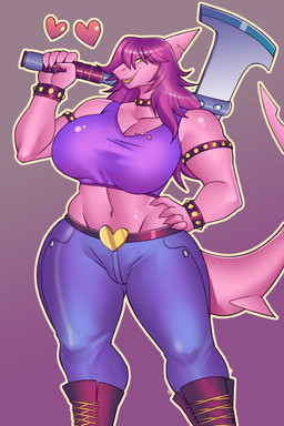 5_fingers alternate_species anthro axe big_breasts bottomwear bracelet breasts cleavage clothed clothing collar female fingers footwear hair heart_clothing heart_symbol huge_breasts jewelry lipstick looking_at_viewer makeup melee_weapon midriff muscular muscular_female navel outline pants purple_body purple_eyes purple_hair purple_skin sharp_teeth simple_background smile smiling_at_viewer solo spiked_bracelet spiked_collar spikes teeth thick_thighs weapon wide_hips yellow_sclera nauth deltarune undertale_(series) susie_(deltarune) aquatic fish shark 2022 2:3 absurd_res hi_res