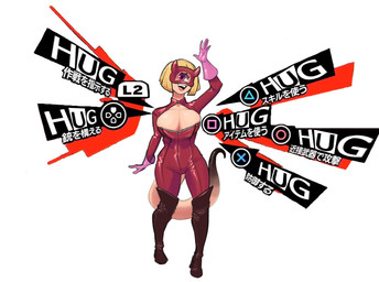 1_eye armwear big_breasts big_eyes big_tail blonde_hair breasts cleavage clothed clothing cosplay eyelashes female fully_clothed hair legwear light_body light_skin long_tail mask monster_girl_(genre) multicolored_body multicolored_skin noseless not_furry open_mouth open_smile pale_skin pink_eyes pink_tongue sharp_teeth simple_background smile solo tail teeth text tongue two_tone_body two_tone_skin white_background dipsterer atlus megami_tensei persona_(series) persona_5 sega ann_takamaki annie_(anaid) cyclops humanoid tailclops_(race) tailclops_(species) english_text japanese_text translation_request