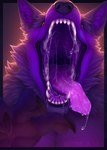 black_claws black_lips black_sclera bodily_fluids cheek_tuft chin_tuft claws detailed_mouth excessive_saliva facial_tuft fangs fur glistening glistening_eyes glistening_tongue inner_ear_fluff lips looking_at_viewer male mouth_shot open_mouth orange_eyes pink_tongue purple_body purple_ears purple_fur purple_inner_ear_fluff purple_nose saliva saliva_on_chin saliva_on_tongue saliva_string sharp_teeth solo teeth tongue tuft kolaa kastral canid canine canis mammal wolf digital_media_(artwork) hi_res