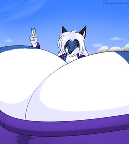 anthro big_breasts blue_sky breast_expansion breasts clothing expansion female fur growth hair huge_breasts hyper hyper_breasts purple_eyes shashmi_(katerian) sky solo white_body white_fur white_hair katerian canid canine canis mammal wolf 2025 hi_res