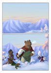 2022 anthro arctic_fox bear biped bjekkergauken brown_bear brown_body brown_fur brown_tail canid canine clothing colored comic day english_text female fox fur green_clothing group gulonine herja_(bjekkergauken) hi_res hillevi male mammal marten melee_weapon mustelid musteline outside pine_marten polearm scar shirin_(bjekkergauken) size_difference snow spear tail text true_fox unni_(bjekkergauken) ursine walking weapon white_body white_fur white_tail