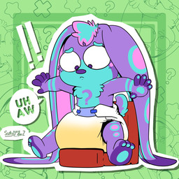 3_toes 5_fingers ambiguous_gender anthro big_ears blue_body blue_fur blue_hair blue_stripes blue_tail blush blush_lines bodily_fluids clothed clothing diaper diaper_only exclamation_point feet fingers floppy_ears frown fur genital_fluids hair highlights_(coloring) markings multicolored_body multicolored_fur pattern_background pink_body pink_fur pink_highlights potty purple_body purple_fingers purple_fur purple_tail question_mark simple_background sitting solo speech_bubble spots spotted_body spotted_ears spotted_fur striped_arms striped_body striped_fur stripes tail text toes topless two_tone_tail unclean_diaper urine used_diaper vocalization wearing_diaper wet_diaper white_diaper conditional_dnp scoty_doodlerz skymancer_the_beagi beagle canid canine canis domestic_dog herding_dog hunting_dog mammal mixed_breed pastoral_dog scent_hound welsh_corgi artist_name hi_res signature