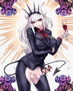 alcohol balls beverage big_breasts breasts censor_bar clothed clothing container crotchless_clothing cup drinking_glass genitals glass glass_container glass_cup gloves gynomorph hair handwear horn ineffective_censorship intersex long_hair markings mole_(marking) necktie no_underwear not_furry occult_symbol penis red_eyes sigil sigil_of_lucifer simple_background solo spade_tail standing symbol tail white_hair white_horn wine wine_glass bansanv3 helltaker lucifer_(helltaker) horned_humanoid humanoid 4:5 censored hi_res portrait three-quarter_portrait