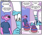 anthro blue_body bodily_fluids cake chef_hat clothing dessert dialogue duo eye_patch eyewear female food hat headgear headwear humor male open_mouth pink_body sweat text tredlocity isaac_(tredlocity) val_(tredlocity) humanoid comic english_text