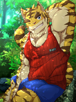 anthro blue_bottomwear blue_clothing blue_eyes blue_shorts bottomwear brown_body brown_fur clothing countershade_arms countershade_face countershade_torso countershading dipstick_ears dipstick_tail ear_markings forest fur hand_behind_head male markings multicolored_ears muscular muscular_anthro one_eye_closed outside pecs plant red_clothing red_shirt red_tank_top red_topwear shirt shorts solo tail tail_markings tan_body tan_fur tank_top topwear tree wink yellow_body yellow_fur kure_river_1 morenatsu torahiko_ooshima felid mammal pantherine tiger 2025 absurd_res dated hi_res