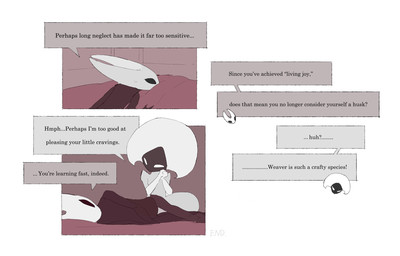 after_sex anthro bedroom biped black_body black_eyes border detailed_background dialogue duo empty_eyes female female/female female_anthro female_humanoid humanoid_on_anthro inside leaning leaning_forward looking_at_another looking_at_partner lying mouthless nude on_side speech_bubble talking_to_another talking_to_partner text the_end white_body white_border white_eyes justdog hollow_knight:_silksong hollow_knight_(franchise) team_cherry hornet_(hollow_knight) lace_(hollow_knight:_silksong) arthropod humanoid 2025 comic digital_drawing_(artwork) digital_media_(artwork) english_text hi_res