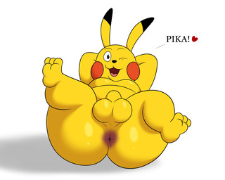 anthro anus balls big_butt black_ears black_eyes black_nose butt exclamation_point fur genitals hands_behind_head hands_behind_own_head heart_symbol looking_at_viewer lying male moobs multicolored_ears on_back one_eye_closed penis presenting presenting_anus presenting_hindquarters rear_view simple_background smile solo text thick_thighs tongue two_tone_ears white_background yellow_body yellow_ears yellow_fur colossalstars nintendo pokemon generation_1_pokemon pikachu pokemon_(species) 2025 5:4 digital_media_(artwork) hi_res