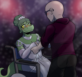 abstract_background anthro armwear bald big_tail blush clothing disability dress duo elbow_gloves eyelashes eyewear female freckles gloves green_body green_hair green_scales grey_eyes hair hand_holding handwear light-skinned_male light_body light_skin long_tail male male/female paraplegic scales short_hair sitting smile snout sunglasses tail vehicle wheelchair yellow_sclera harry_amorós cavemanon_studios i_wani_hug_that_gator inco_(iwhtg) olivia_halford baryonyx dinosaur human mammal prehistoric_species reptile scalie spinosaurid theropod 2024 digital_drawing_(artwork) digital_media_(artwork) hi_res