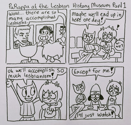 4_panel_comic anthro arm_around_shoulders blush bottomwear canon_couple cigarette cigarette_in_mouth clothing dialogue female group humor interrupted male midriff museum nudging object_in_mouth pants pattern_bottomwear pattern_clothing pattern_pants pattern_topwear portrait_(object) print_clothing print_shirt print_t-shirt print_topwear shirt smile striped_bottomwear striped_clothing striped_pants striped_topwear stripes t-shirt text topwear trio nikki_morgen cartoon_network parappa_the_rapper sony_corporation sony_interactive_entertainment steven_universe um_jammer_lammy grace_jones katy_kat lammy_lamb parappa steven_quartz_universe storme_delarverie bovid canid canine canis caprine domestic_cat domestic_dog felid feline felis human mammal sheep comic english_text handwritten_text hi_res monochrome