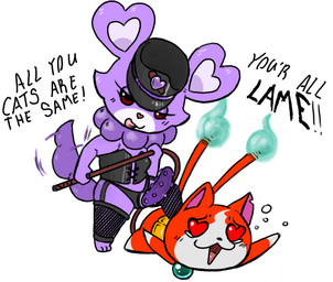 2_tails anthro bodily_fluids clothing crossgender dildo dominant dominant_female duo facial_markings female fur gloves_(marking) hat head_markings headgear headwear heart_eyes heart_symbol leg_markings male male/female markings multi_tail muzzle_(marking) neck_tuft notched_ear pink_inner_ear pink_nose purple_body purple_fur red_body red_fur sex_toy simple_background snout snout_markings socks_(marking) strapon submissive submissive_male tail tears text tongue tongue_out tuft white_background roy_mccloud asian_mythology east_asian_mythology japanese_mythology level-5 mythology yo-kai_watch jibanyan pookivil canid canine domestic_cat felid feline felis ghost mammal nekomata spirit yokai english_text