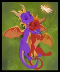 anthro black_border border claws cuddling duo eyes_closed feral grass horn hug hugging_another hugging_from_behind lying male male/male membrane_(anatomy) membranous_wings open_mouth outside plant purple_body purple_scales red_body red_scales scales simple_background smile spooning tail tails_touching teeth tongue wings kitchiki activision european_mythology mythology spyro_the_dragon flame_(spyro) sparx spyro arthropod dragon dragonfly insect mythological_creature mythological_scalie scalie western_dragon