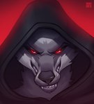 anthro black_hood black_sclera evil_grin fangs fur furrowed_brow glowing glowing_background glowing_eyes grey_body grey_fur grin looking_at_viewer male narrowed_eyes red_background red_eyes sharp_teeth simple_background sinister_smile smile smiling_at_viewer solo teeth flaviomodezto dreamworks puss_in_boots_(franchise) death_(puss_in_boots) canid canine canis mammal wolf bust_portrait hi_res portrait