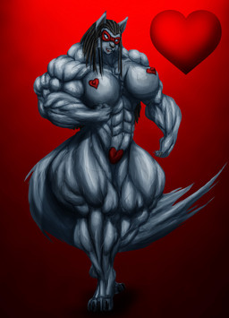 abs anthro biceps big_breasts breasts clothed clothing dreadlocks fangs feet female flexing heart_symbol holidays mask muscular muscular_anthro muscular_female navel nipple_outline open_mouth pasties pecs pecs_with_breasts skimpy solo tail teeth toes vein veiny_breasts b9tribeca valentine's_day canid canine canis mammal wolf 2013 hi_res