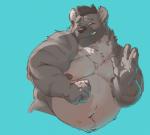 anthro belly blush ear_piercing eyes_closed fur gesture grey_body grey_fur male moobs navel nipples nude overweight overweight_anthro overweight_male piercing smile solo striped_body striped_fur stripes waving xantouke hyena mammal striped_hyena hi_res