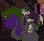 alley anthro duo female from_behind_position kyeskunk light male sex tail tail_mouth unusual_anatomy unusual_tail hawkward_(artist) dezyraccoon mammal mephitid procyonid raccoon skunk hi_res lighting