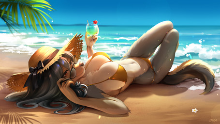 anthro big_breasts bikini bikini_top breasts clerical_collar clothing cocktail_garnish cocktail_glass cocktail_umbrella container cup drinking_glass eyewear female glass glass_container glass_cup hat_over_eyes light palm_tree plant pose solo summer summer_hat sunglasses sunlight sunset swimwear tail thick_thighs tree two-piece_swimsuit wide_hips laffisa golden_week canid canine mammal 16:9 4k absurd_res hi_res pinup widescreen