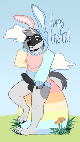 anthro black_penis blue_eyes blue_nails blush blush_lines bunny_hoodie clothing colored_nails dandelion easter_egg erection flower fur genitals grey_body grey_fur holidays hoodie male nails penis plant smile smiling_at_viewer solo topwear yellow_sclera dicksndemons easter cole_canine canid canine canis domestic_dog husky mammal nordic_sled_dog spitz 2022 absurd_res hi_res