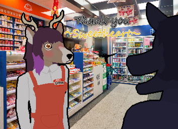 anthro antlers blush brown_body brown_fur clothing compliment convenience_store female fluffy_ears flustered fur hair horn lesbian_thoughts multicolored_hair name_tag photo_background purple_hair shadowy_figure shy silhouette store uniform worker toridiaz deer mammal digital_media_(artwork) mixed_media photography_(artwork) pixel_(artwork) trans_(lore) trans_woman_(lore)