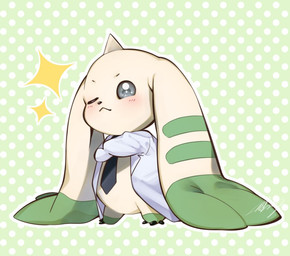 ambiguous_gender anthro beady_eyes blush clothing coat crossed_arms dotted_background duo fur horn lab_coat long_ears pattern_background simple_background solo topwear white_body white_fur yuri_arisato bandai_namco digimon digimon_ghost_game digimon_(species) terriermon male_(lore)