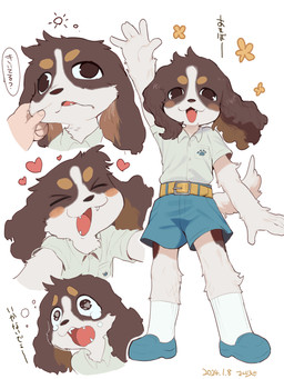 >_< adolescent anthro belt biped black_body black_eyes black_fur blue_bottomwear blue_clothing blue_shorts blush blush_stickers bodily_fluids bottomwear cheek_pinch circle_eyebrows clothed clothing crying derp_eyes disembodied_hand duo expressions eyebrows eyes_closed fangs floppy_ears footwear fur gesture heart_symbol kemono lop_ears male male_anthro multicolored_body multicolored_fur open_mouth raised_arm shirt shoes shorts simple_background sleeping sleeping_with_eyes_open socks solo_focus standing tears teeth text thin_calves thin_legs thin_thighs topwear waving white_background white_body white_clothing white_fur white_shirt white_topwear wide_eyed young young_anthro young_male sanjiro bird_dog canid canine canis cavalier_king_charles_spaniel domestic_dog human hunting_dog mammal spaniel toy_dog 2024 3:4 dated digital_drawing_(artwork) digital_media_(artwork) hi_res japanese_text model_sheet translated