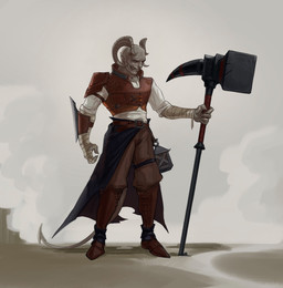 battle_hammer boots bottomwear brown_boots brown_bottomwear brown_clothing brown_footwear brown_pants brown_topwear clothed clothing footwear front_view grey_body grey_horn grey_skin hammer holding_hammer holding_object holding_tool horn male male_humanoid narrowed_eyes pants shirt shoes solo standing tools topwear white_clothing white_shirt white_topwear edvardiko humanoid absurd_res full-length_portrait hi_res portrait