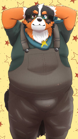 anthro belly big_belly black_body black_fur brown_body brown_fur clothing eyewear fur glasses kemono male overalls overweight overweight_male shirt solo standing topwear white_body white_fur menmen_kesinn vtuber bernese_mountain_dog canid canine canis domestic_dog mammal molosser mountain_dog swiss_mountain_dog 2025 9:16 hi_res
