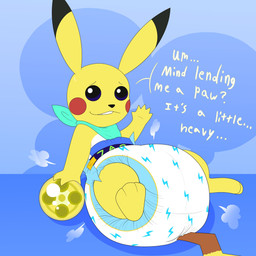 3_toes 5_fingers ambiguous_gender anthro black_ear_tips bodily_fluids brown_tail clean_diaper clothed clothing cloud_emanata dialogue diaper diaper_puff dipstick_ears ear_markings ellipsis emanata feet fingers gesture light_ball_(pokemon) lying multicolored_body multicolored_ears multicolored_tail nervous nervous_smile nervous_sweat on_back simple_background solo sweat tail talking_to_viewer text toes toothy_grin waving waving_at_viewer wearing_diaper white_body yellow_body yellow_tail burritokitten nintendo pokemon pants_(babypants666) generation_1_pokemon pikachu pokemon_(species) 1:1 absurd_res english_text hi_res