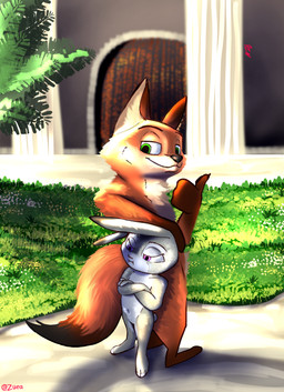 anthro arm_on_head black_body black_fur brown_body brown_fur building casual_nudity chest_tuft claws crossed_arms date duo embarrassed featureless_crotch female fur grass green_eyes grey_body grey_fur male mystic_spring_oasis navel nude orange_body orange_fur outside palm_tree plant purple_eyes size_difference tan_body tan_fur tree tuft white_body white_fur zuea disney zootopia judy_hopps nick_wilde canid canine european_rabbit fox lagomorph leporid mammal oryctolagus rabbit red_fox true_fox hi_res signature