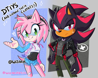 accessory alternate_costume anthro backpack black_body black_fur bodily_fluids bottomwear clothing duo female frown fur green_bottomwear green_clothing green_eyes green_pants hair_accessory hairband heart_symbol jacket male narrow_hips pants pink_body pink_fur red_body red_eyes red_fur shirt shorts smile speech_bubble standing sweat sweatdrop text text_on_clothing text_on_shirt text_on_topwear thigh_gap thin_thighs topwear wizaria sega sonic_the_hedgehog_(series) amy_rose shadow_the_hedgehog eulipotyphlan hedgehog mammal 2020 absurd_res english_text hi_res signature