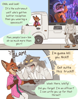 anthro biped brown_body brown_fur clothed clothing dialogue duo eyebrows fangs fur male necktie open_mouth open_smile pink_clothing pink_shirt pink_topwear shirt smile speech_bubble tail teeth text topwear vehicle aar0njay disney dreamworks the_bad_guys zootopia astro_wolf_(zootopia) mr._wolf_(the_bad_guys) nick_wilde canid canine canis fox mammal wolf 2025 comic english_text hi_res