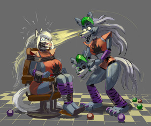 anthro arm_warmers arms_tied armwear ball_gag bdsm big_breasts blue_eyes bondage bound breasts chair chair_bondage clothing collar duo female fur furniture gag gagged glowing glowing_eyes green_hair grey_body grey_fur hair holding_mask leg_warmers legs_tied legwear long_hair machine multicolored_body multicolored_hair purple_body red_body tail tape tape_bondage two_tone_hair white_hair yellow_eyes bondagefanart five_nights_at_freddy's five_nights_at_freddy's:_security_breach scottgames steel_wool_studios lupe_(furrybound) roxanne_wolf animatronic canid canine canis mammal robot wolf 2025 hi_res