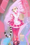 abstract_background ambiguous_gender anthro clothing collar dress exclamation_point femboy footwear glistening latex long_tail markings open_mouth orange_eyes pink_collar shoes solo striped_markings striped_tail stripes tail tail_markings teeth turbinedivinity kauko cheetah felid feline mammal 2020 digital_drawing_(artwork) digital_media_(artwork) digital_painting_(artwork) hi_res