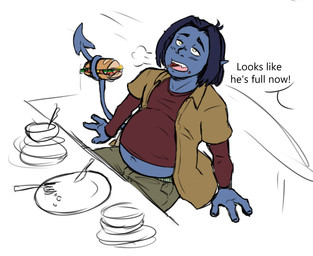 belly big_belly bloated blue_body blue_hair blue_skin bottomwear bowl clothing container dialogue food furniture hair jacket male offscreen_character open_mouth pants plate prehensile_tail sandwich_(food) shirt solo spade_tail stuffing table tail text topwear yellow_eyes verzisphere marvel x-men nightcrawler humanoid