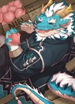 anthro blue_body blush eyebrows facial_hair food fruit hair high-angle_view horn male mature_male overweight peach_(fruit) plant solo tail thick_eyebrows white_hair 205nin lifewonders mythology tokyo_afterschool_summoners qinglong_(tas) dragon mythological_creature mythological_scalie scalie 2024 absurd_res hi_res