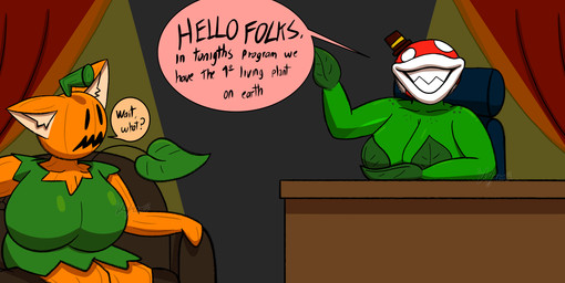big_breasts breasts chair clothing desk dialogue duo female food freckled_chest freckled_shoulders freckles fruit furniture green_body greeting hat headgear headwear huge_breasts huge_lips leaf lips orange_body plant pumpkin sharp_teeth smile smiling_at_viewer sofa speech_bubble spots table tail teeth text thick_lips top_hat chefrens mario_bros nintendo gatabaza_(chefrens) pinana_(chefrens) domestic_cat elemental_creature elemental_humanoid felid feline felis flora_fauna humanoid mammal piranha_plant plant_humanoid english_text hi_res