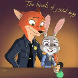 anthro black_hair blue_eyes blush bracelet claws clothing daww female fur green_eyes group hair happy jewelry male neonate object_in_mouth pacifier pacifier_in_mouth police police_uniform purple_eyes simple_background size_difference smile text uniform young young_anthro duckymomo disney zootopia fru_fru judy_hopps nick_wilde canid canine eulipotyphlan fox lagomorph leporid mammal rabbit red_fox shrew true_fox 2016 hi_res