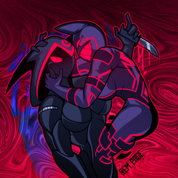 anthro big_breasts black_body black_clothing black_latex black_skinsuit blood bodily_fluids breasts clothing duo female female/female holding_knife holding_object hood horn knife latex latex_body latex_clothing latex_skinsuit looking_at_viewer red_eyes sharp_teeth skinsuit teeth tight_clothing rem_phase abraxas_(rem_phase) izanami_(arashi_va) canid canine demon fox humanoid latex_creature mammal 2026 absurd_res hi_res nonbinary_(lore)