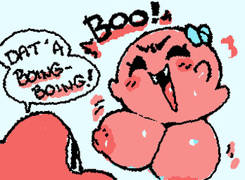 >:d ^_^ ambiguous_form ambiguous_gender areola bald big_breasts black_text blue_background blue_hair_bow blue_ribbon blush blush_lines blush_stickers bow_(feature) bow_ribbon breasts clothing conjoined_speech_bubble cute_fangs duo exclamation_point eyebrows eyelashes eyes_closed fangs female female_focus ghost_tail glistening glistening_breasts hat head_accessory headgear headwear legless mostly_offscreen_ambiguous mostly_offscreen_character motion_lines nipples noseless not_furry onomatopoeia open_mouth open_smile outline_speech_bubble pink_body pink_breasts puffy_nipples red_areola red_blush red_clothing red_hat red_headwear red_nipples red_tongue simple_background smile solo_focus sound_effects speech_bubble squigglevision teeth text tongue ligma_(artist) mario_bros nintendo mario boo_(mario) ghost sphere_creature spirit 2025 animated digital_media_(artwork) english_text flat_colors low_res short_playtime wigglypaint_(artwork) male_(lore)