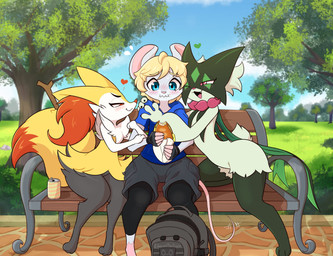 3_fingers 3_toes ambiguous_gender anthro arm_tuft backpack bench beverage big_ears big_tail black_body black_fur blonde_hair blue_eyes blush bottomwear cape cargo_shorts cheek_tuft chest_tuft claws clothed clothing dipstick_tail eating facial_tuft feet finger_claws fingers fluffy fluffy_tail food frill_(anatomy) fur gloves green_body green_cape green_clothing green_fur green_tail group hair half-closed_eyes handwear head_tuft heart_symbol hindpaw hip_tuft hoodie inner_ear_fluff leg_tuft looking_at_another male markings mask monotone_tail multicolored_body multicolored_fur multicolored_tail narrowed_eyes neck_frill one_eye_closed open_mouth park park_bench paws pink_body pink_eyes pink_nose pink_tail plant pupils red_body red_eyes red_fur red_inner_ear_fluff red_nose red_tail sandwich_(food) short_tail shorts shoulder_tuft sitting sky tail tail_markings text toes tongue topwear tree trio tuft two_tone_tail white_body white_fur yellow_body yellow_fur yellow_inner_ear yellow_tail jasminthemanticore nintendo pokemon braixen canid canine felid feline generation_6_pokemon generation_9_pokemon mammal meowscarada mouse murid murine pokemon_(species) rodent 2023 absurd_res artist_name digital_media_(artwork) hi_res signature